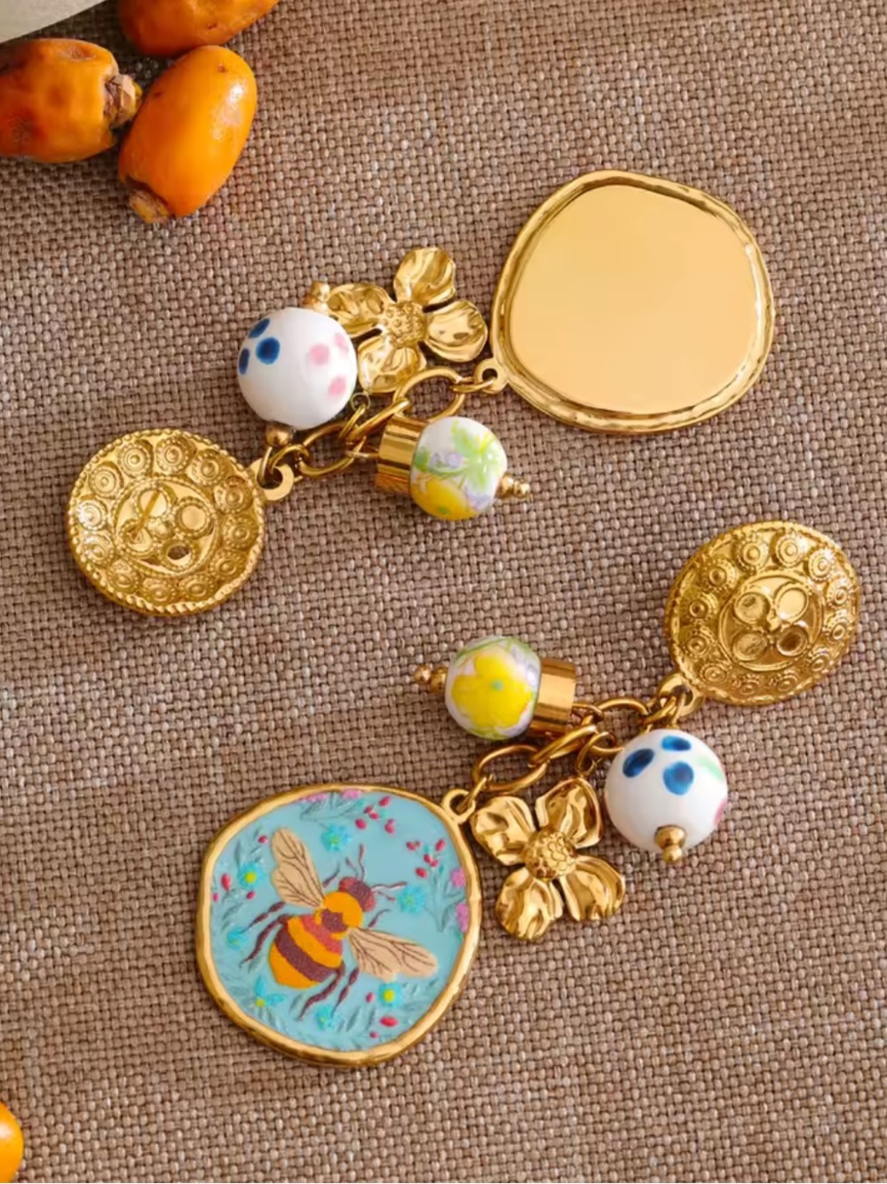 Whimsical Bee Blue Floral Charm Earrings - Picture 5 of 13